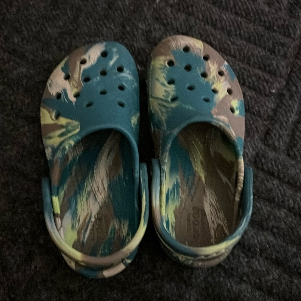 Green, Grey, and blue camo crocs